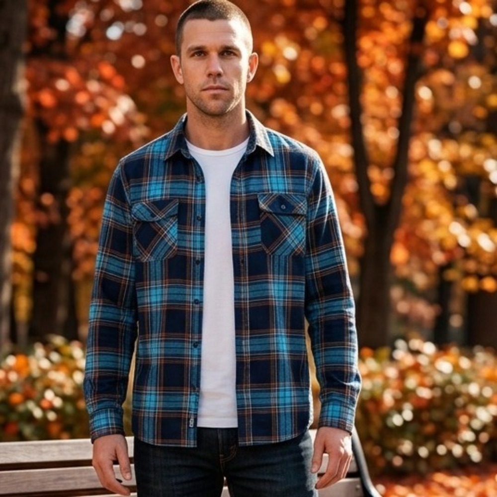 Fox Racing Flannel Button Up Shirt Blue Orange Plaid Grunge Motocore Fall Sz XL